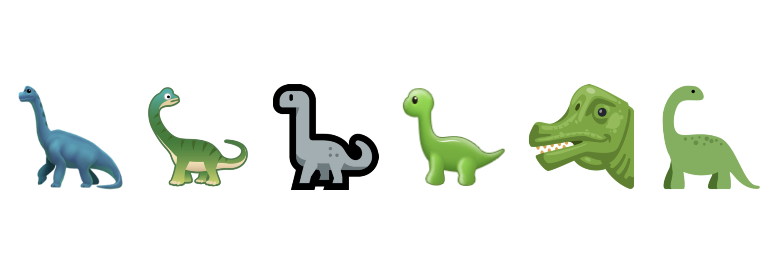 L. to r.: The sauropod emoji as implemented by Apple, Google, Microsoft, Samsung, Facebook and Twitter.