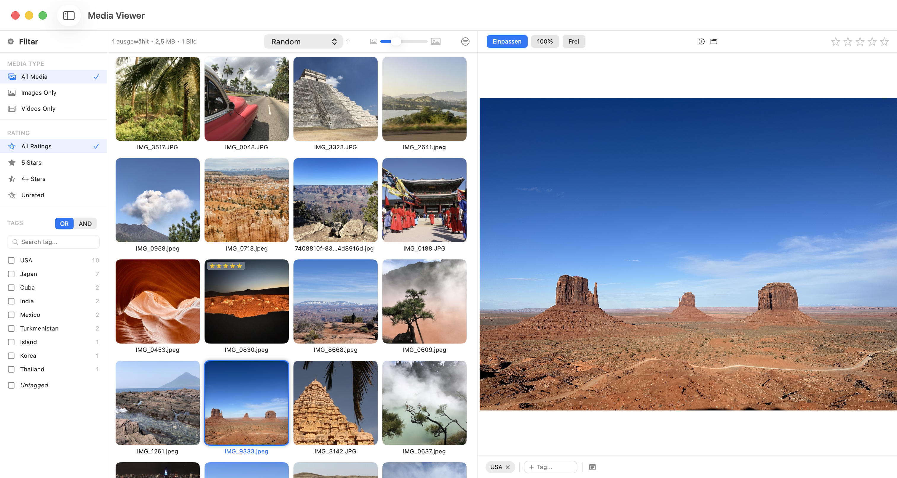 Media Viewer main view with thumbnail grid, tag filter, and preview panel